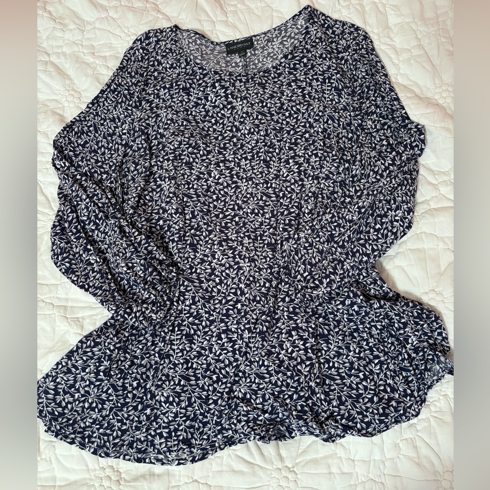 Lane Bryant Navy and White Leaf Print Top